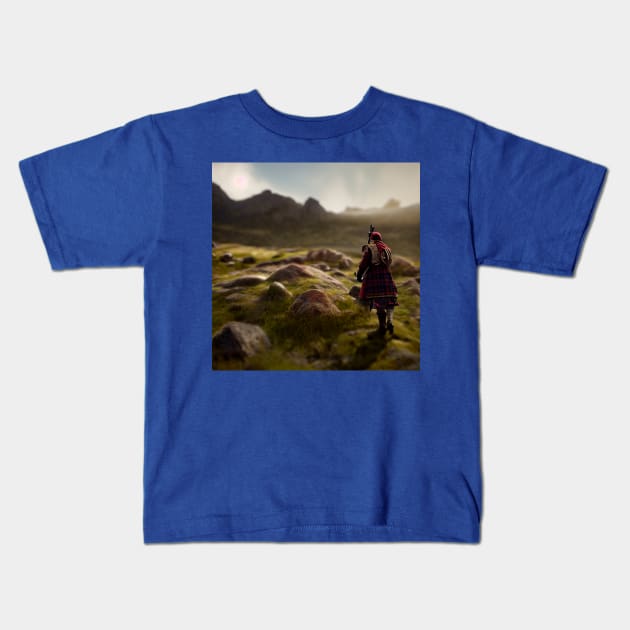 Scottish Highlander in Clan Tartan Kids T-Shirt by Grassroots Green